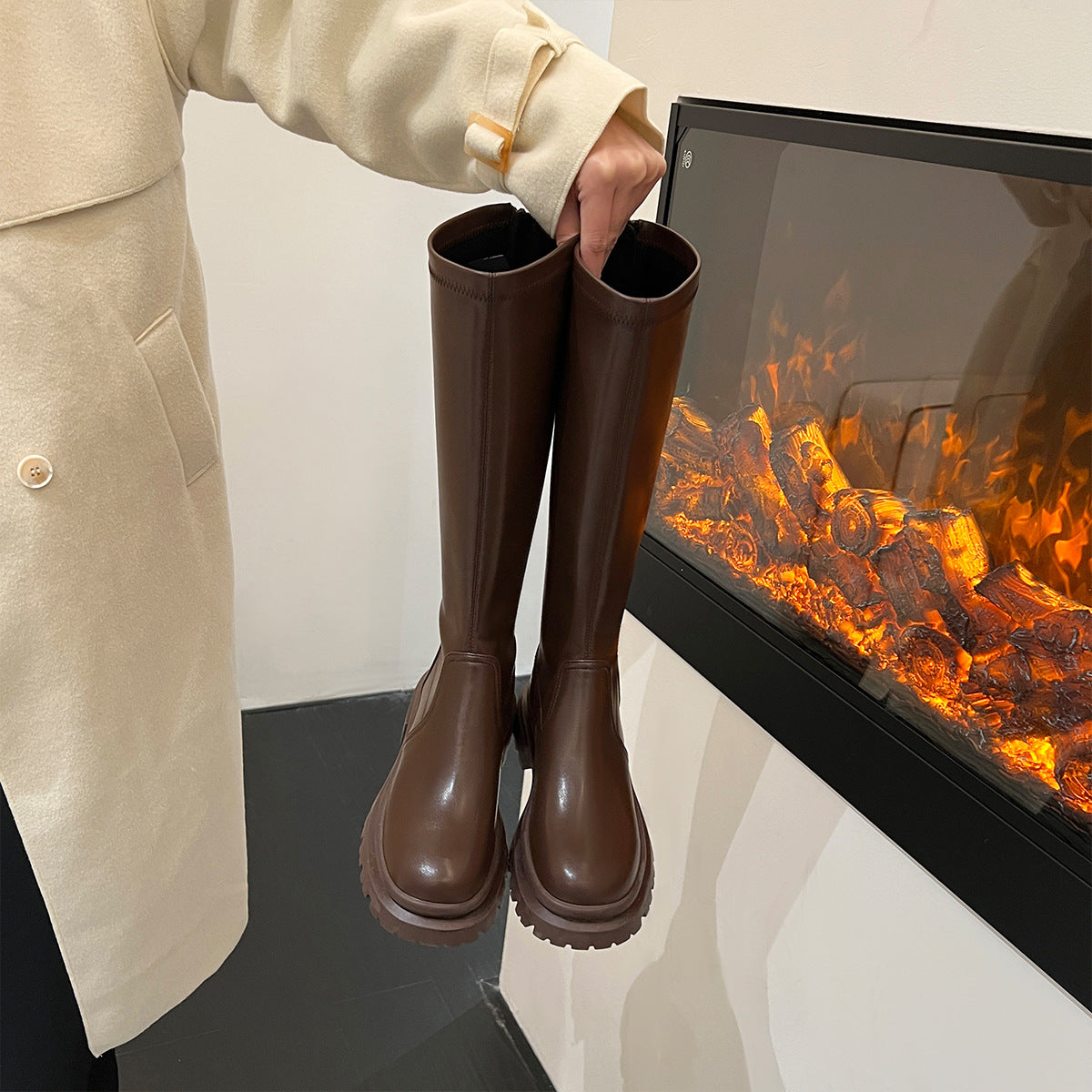 MEWE | Chunky Knee-High Platform Boots with Back Zip