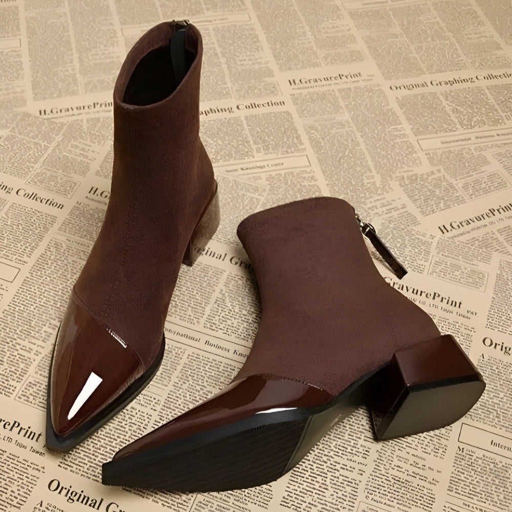 MEWE | Suede Ankle Boots with Patent Toe and Block Heel Mewe London