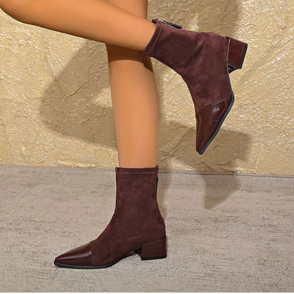 MEWE | Suede Ankle Boots with Patent Toe and Block Heel Mewe London