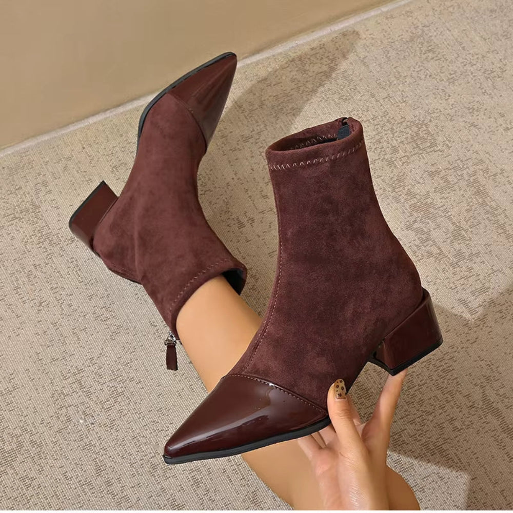 MEWE | Suede Ankle Boots with Patent Toe and Block Heel Mewe London