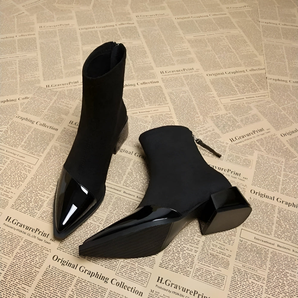 MEWE | Suede Ankle Boots with Patent Toe and Block Heel Mewe London