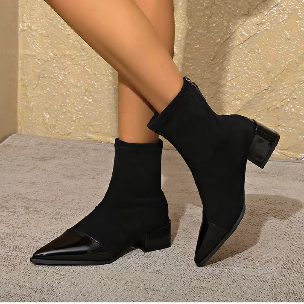 MEWE | Suede Ankle Boots with Patent Toe and Block Heel Mewe London