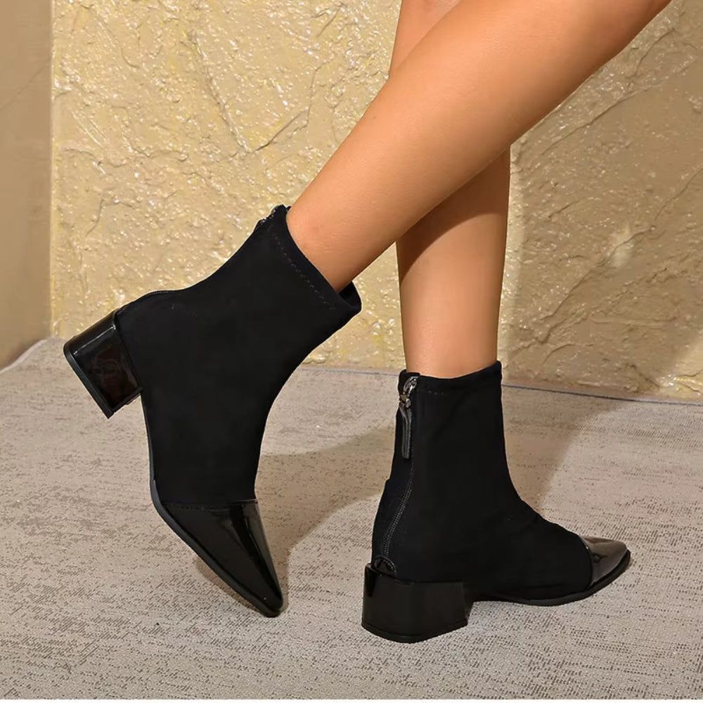 MEWE | Suede Ankle Boots with Patent Toe and Block Heel Mewe London