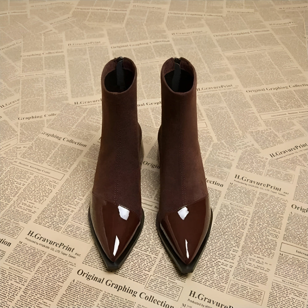 MEWE | Suede Ankle Boots with Patent Toe and Block Heel Mewe London