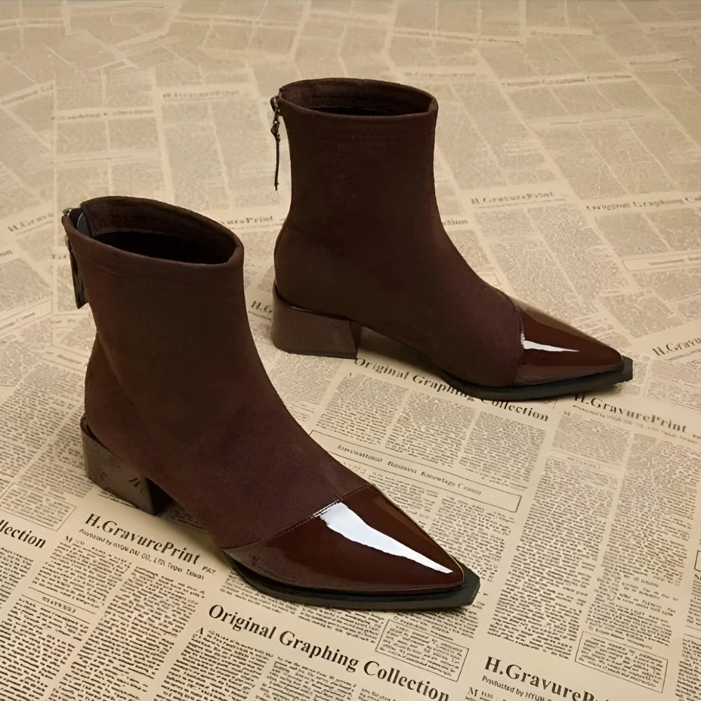 MEWE | Suede Ankle Boots with Patent Toe and Block Heel Mewe London