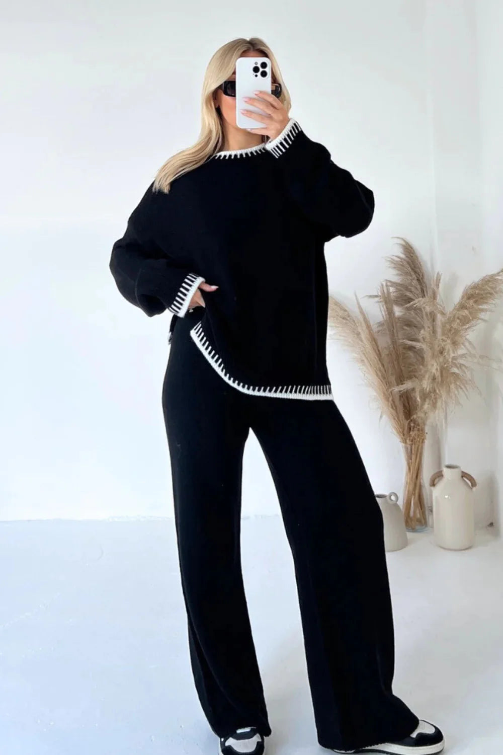 MEWE | Contrast Trim Knit Lounge Set with Wide Leg Trousers