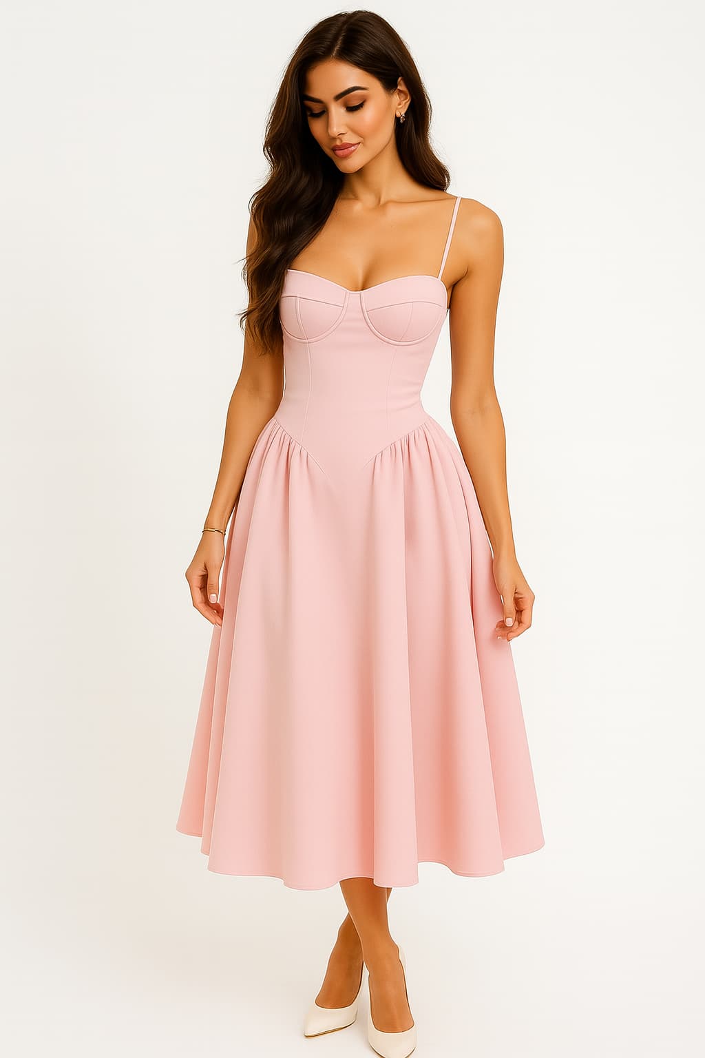 MEWE | Corset Bodice Wedding Guest Dress with A Line Midi Skirt Mewe London