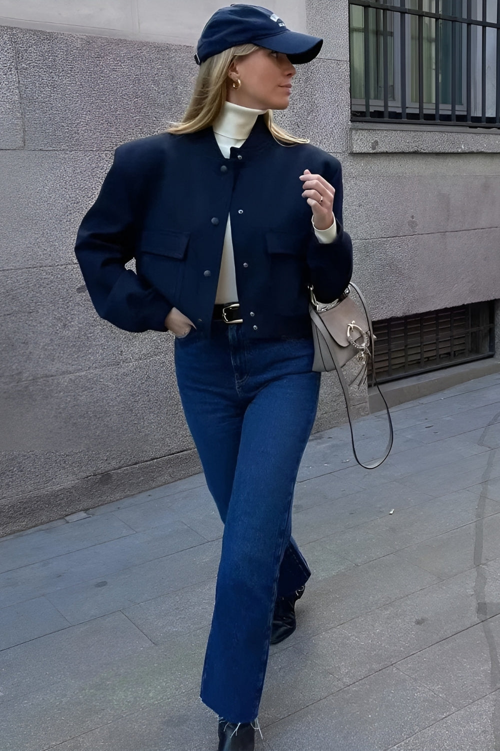 MEWE | Cropped Snap Button Bomber Jacket with Flap Pockets Mewe London