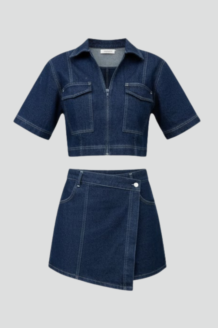 MEWE | Denim Two Piece Set with Zip Up Crop Top Mewe London