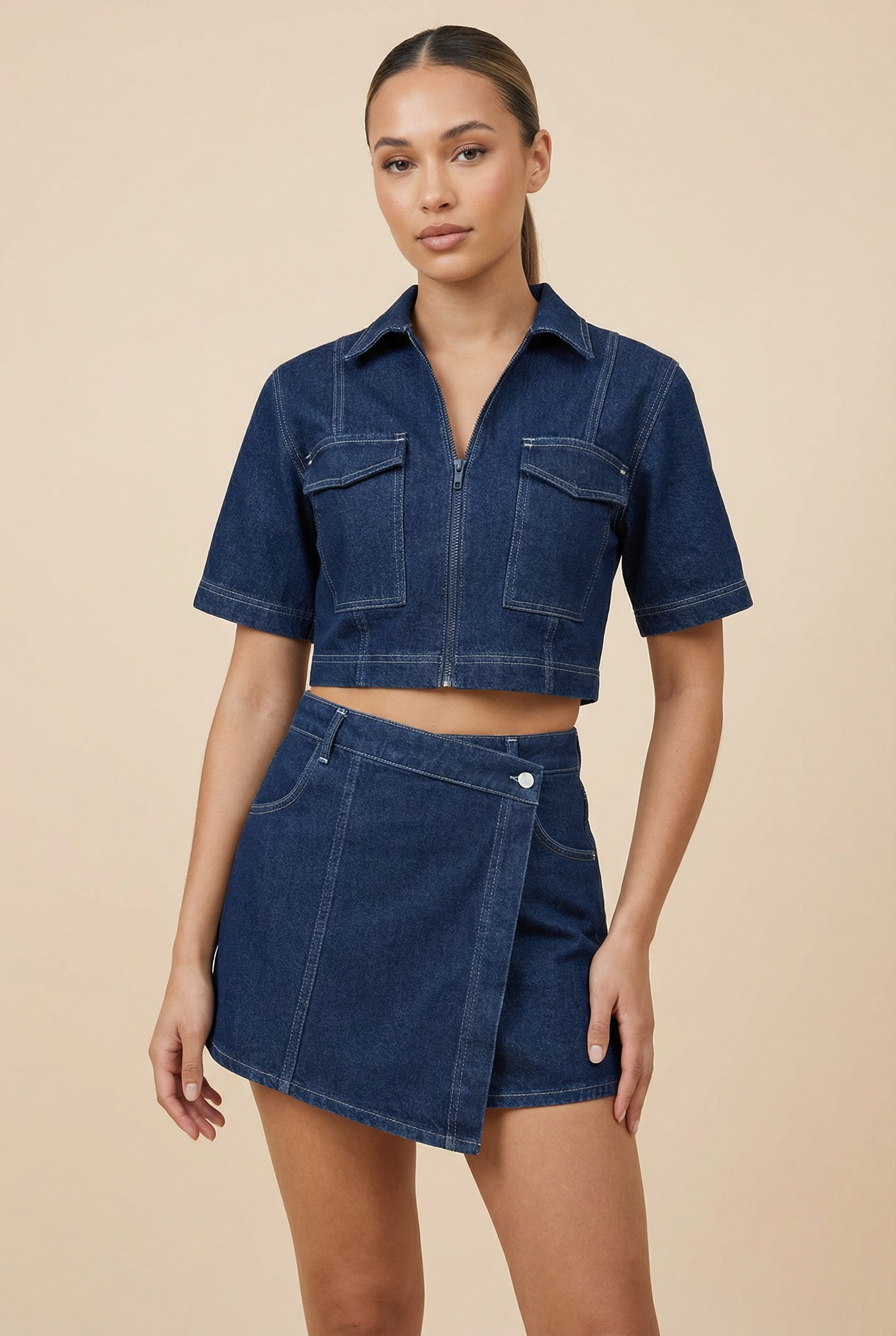 MEWE | Denim Two Piece Set with Zip Up Crop Top Mewe London