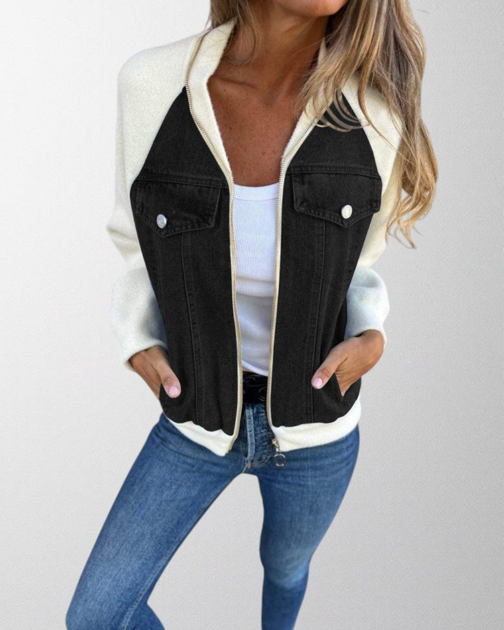 MEWE | Denim Zip-Up Jacket with Contrast Sleeves Mewe London
