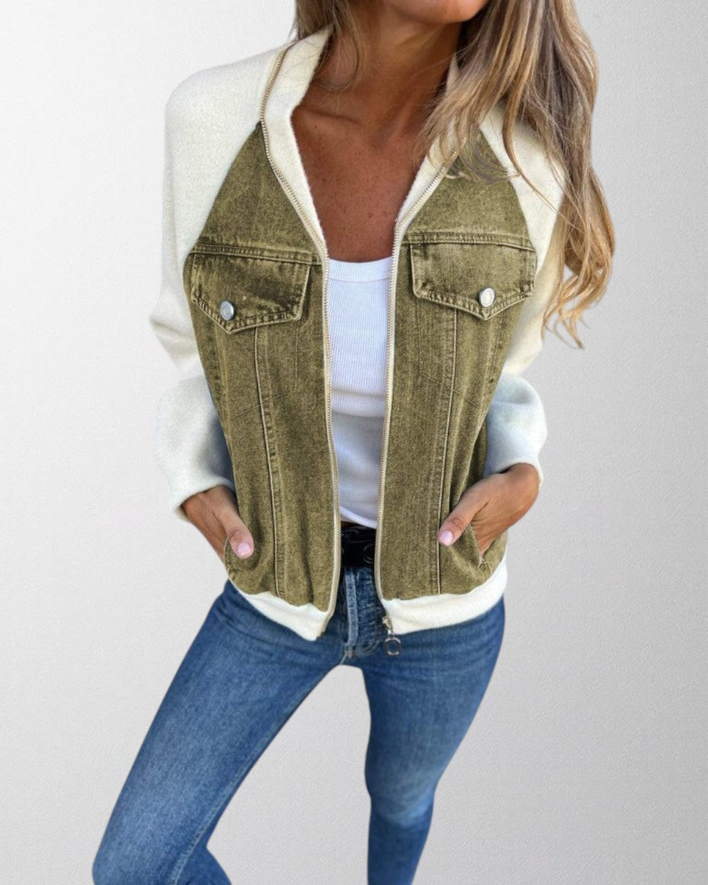 MEWE | Denim Zip-Up Jacket with Contrast Sleeves Mewe London