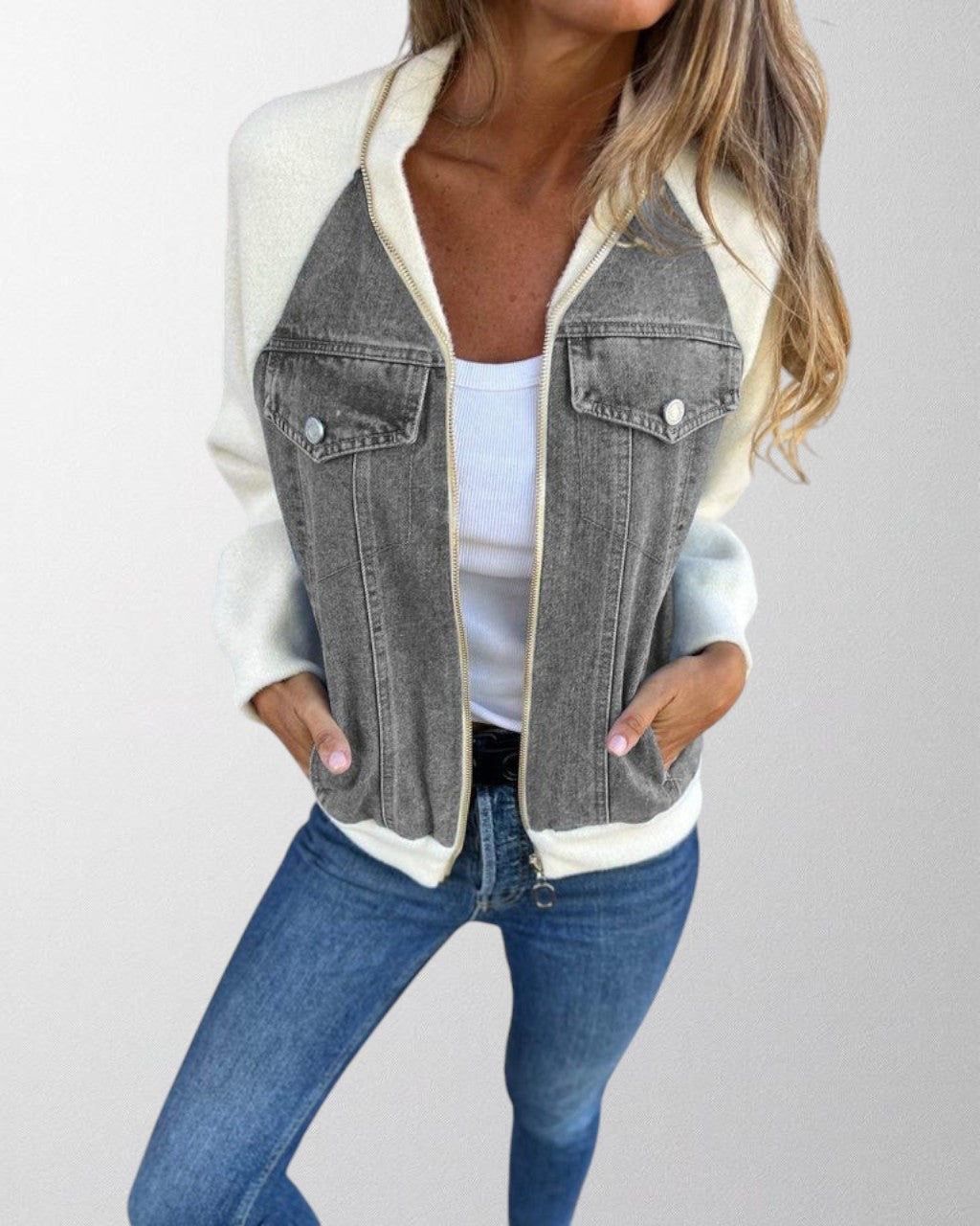 MEWE | Denim Zip-Up Jacket with Contrast Sleeves Mewe London