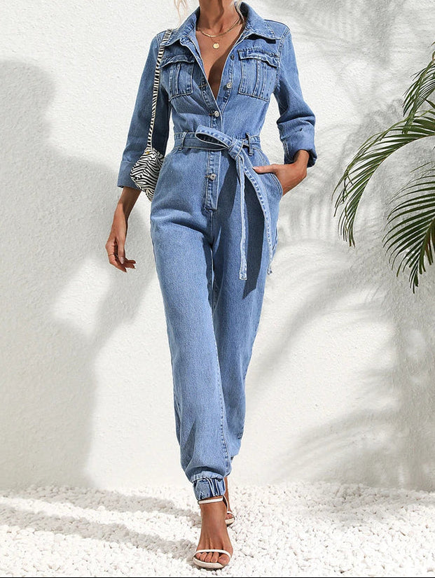 MEWE | Denim jumpsuit with belt and button front Mewe London