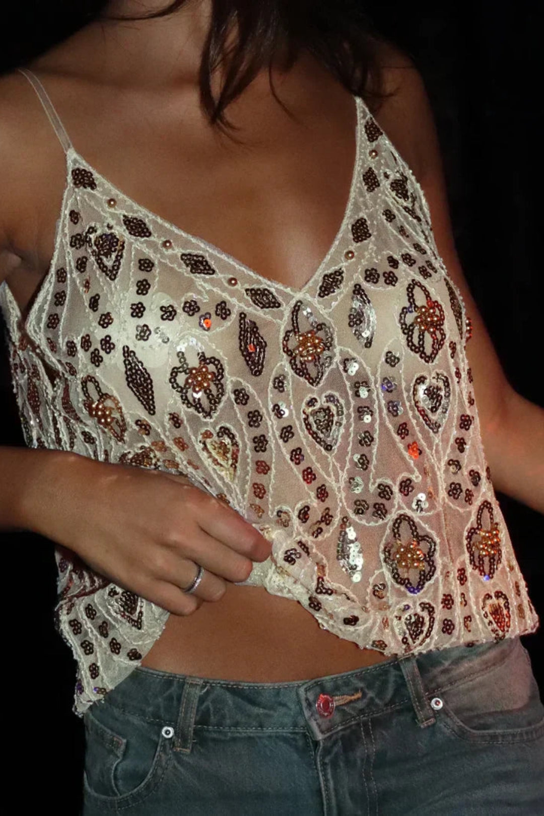 MEWE | Embellished Sequin Cami Top with Sheer Design Mewe London