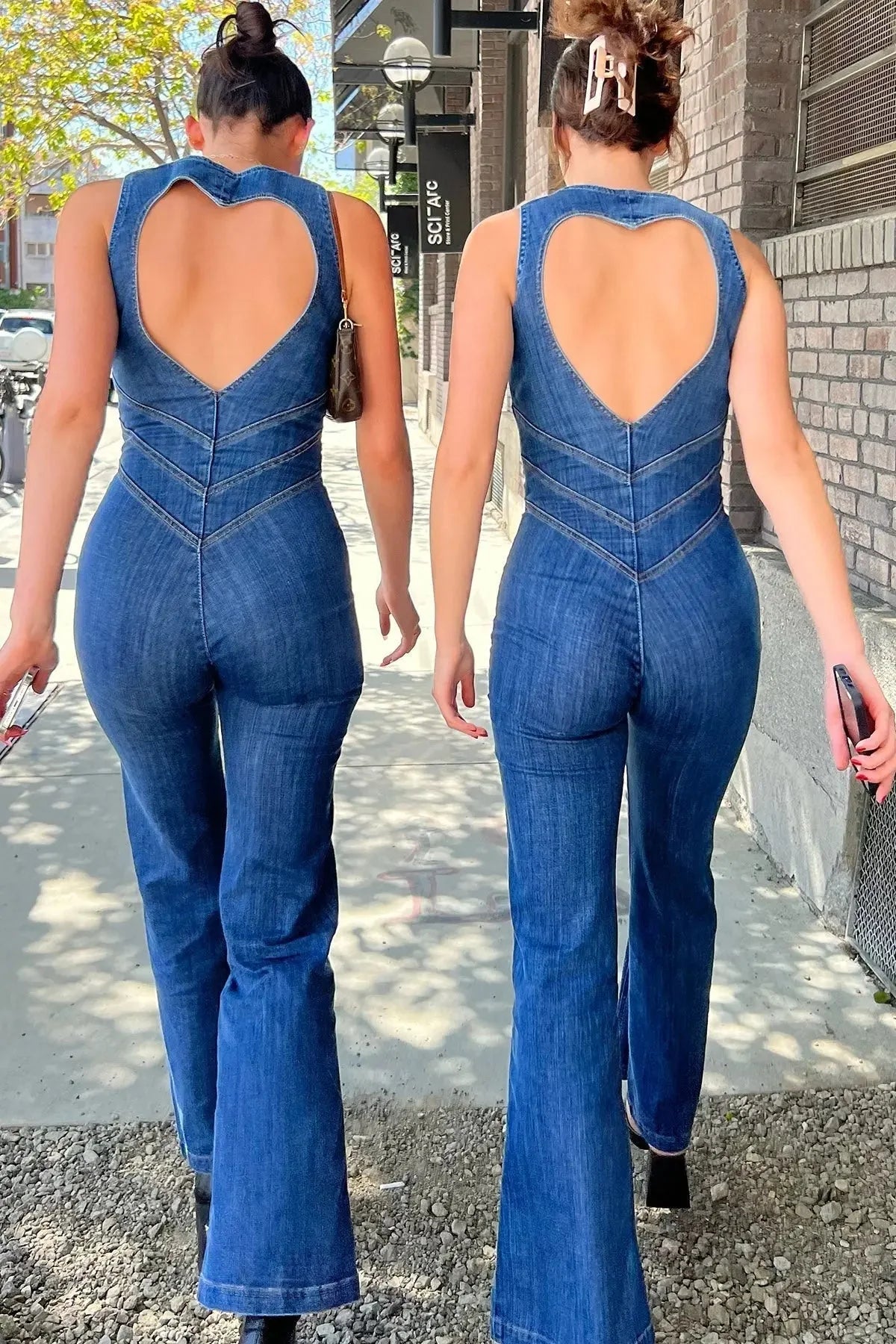 MEWE | Fitted Denim Jumpsuit with Plunge Neck and Flared Legs