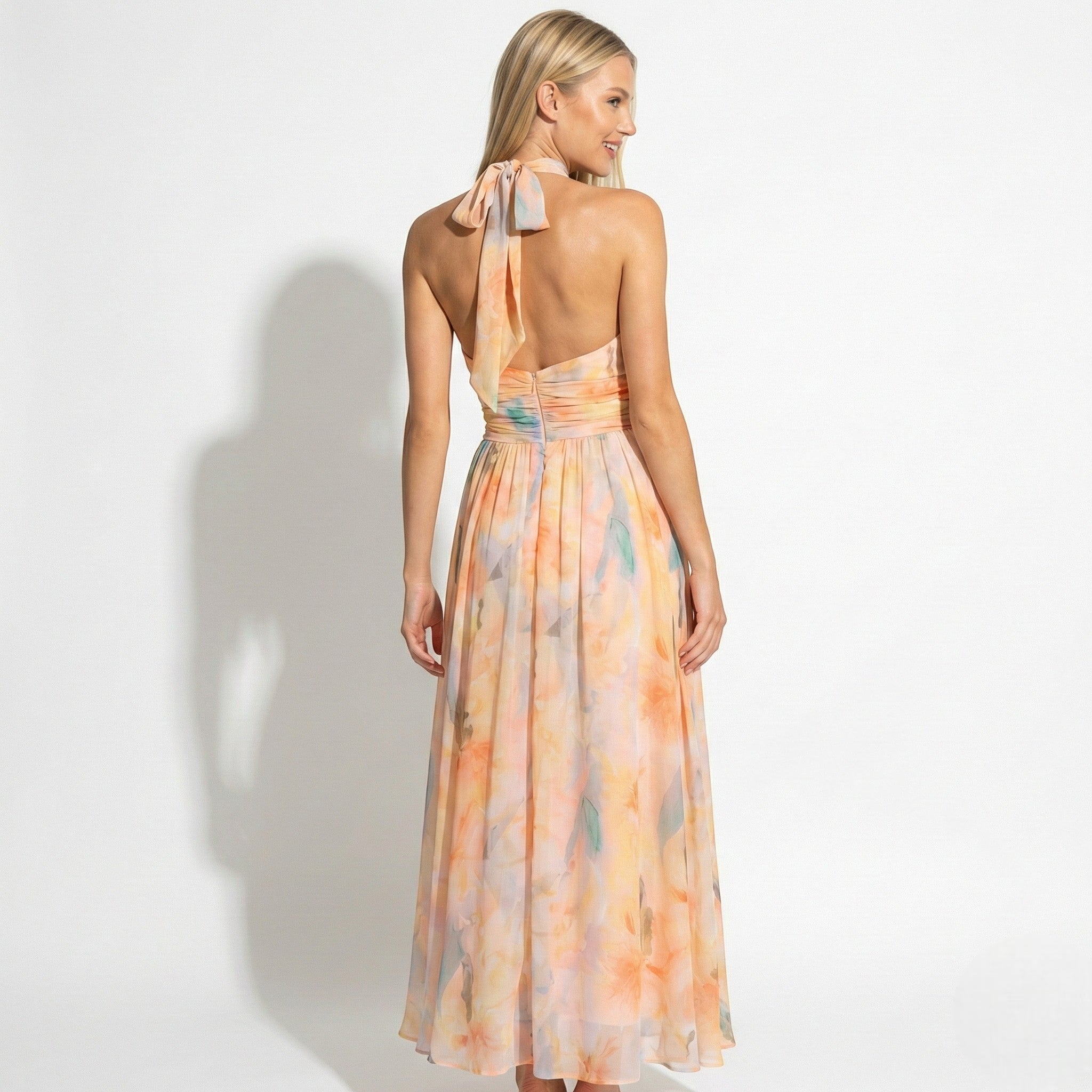 MEWE | Halter Neck Maxi Dress with Watercolor Print and Cinched Waist Mewe London