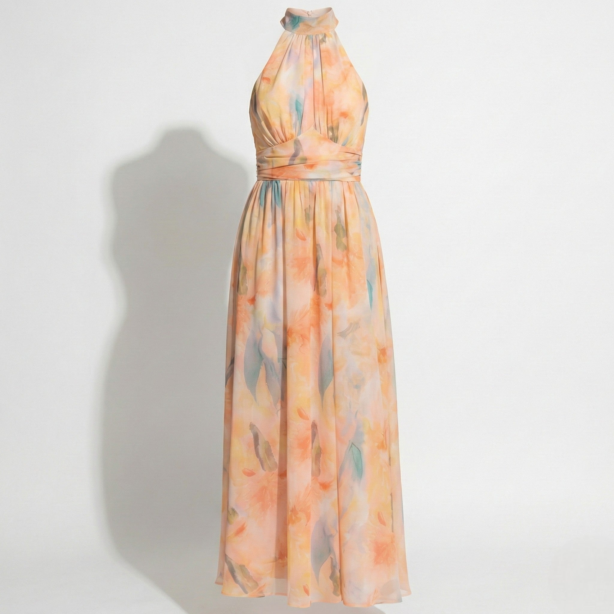 MEWE | Halter Neck Maxi Dress with Watercolor Print and Cinched Waist Mewe London