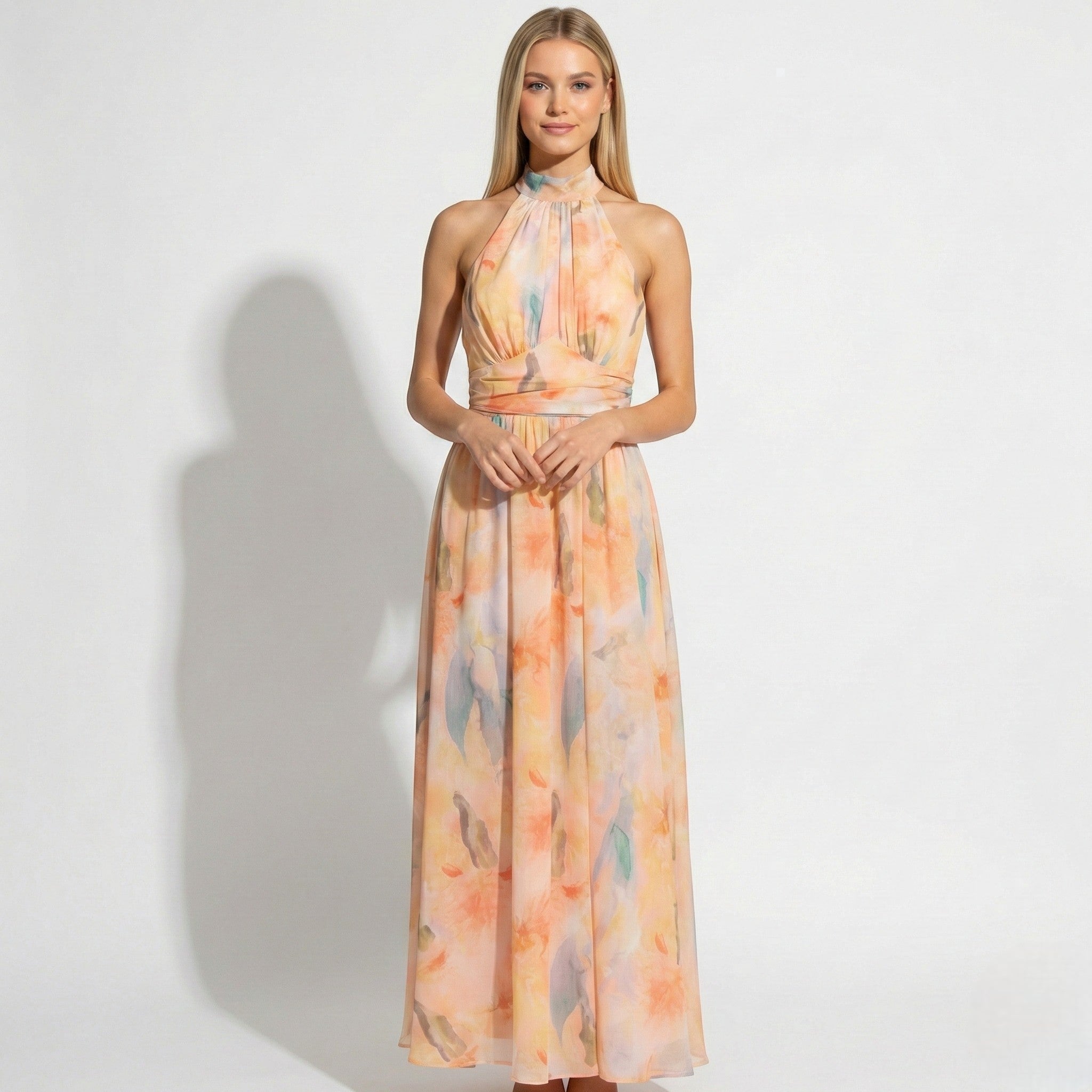 MEWE | Halter Neck Maxi Dress with Watercolor Print and Cinched Waist Mewe London