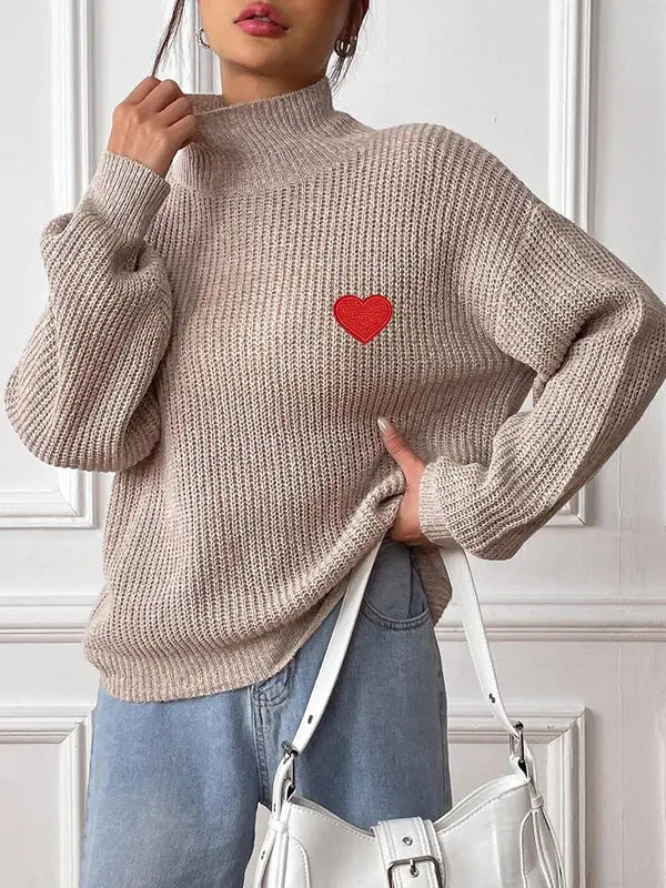 MEWE | High-Neck Knit Sweater with Embroidered Heart and Bishop Sleeves Mewe London
