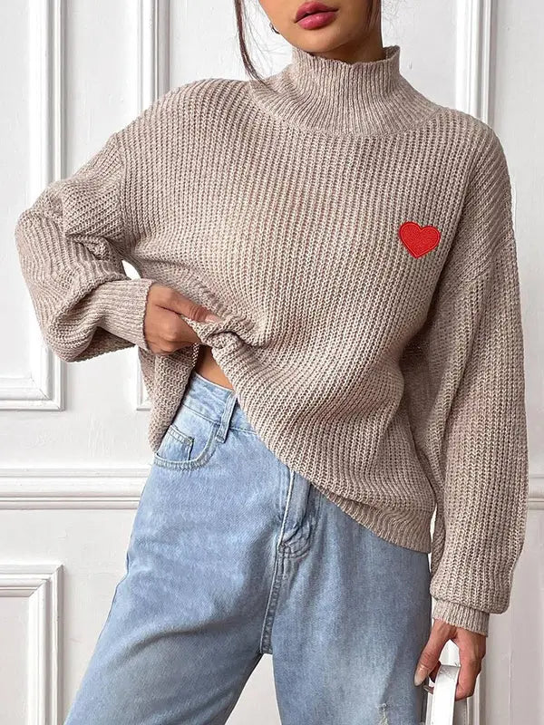 MEWE | High-Neck Knit Sweater with Embroidered Heart and Bishop Sleeves Mewe London