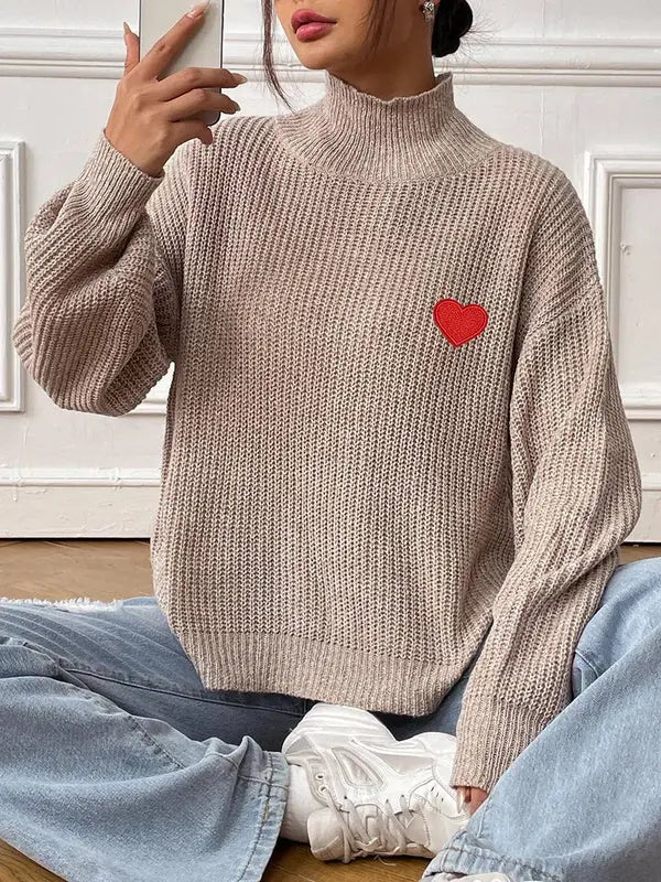 MEWE | High-Neck Knit Sweater with Embroidered Heart and Bishop Sleeves Mewe London