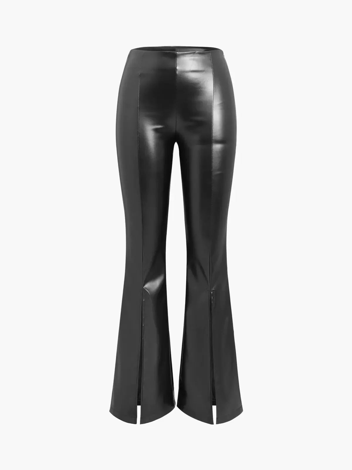 MEWE | High-Rise Flared Trousers with Front Slits in Coated Faux Material