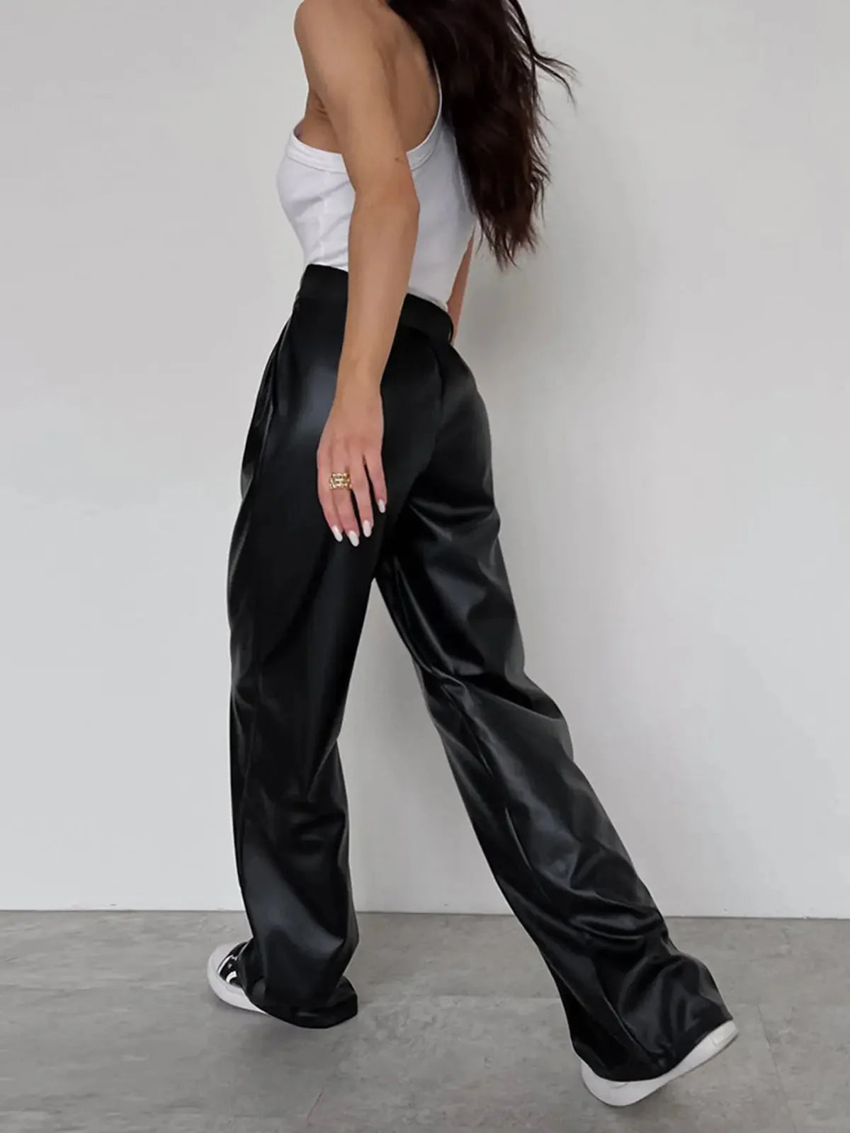 MEWE | High-Rise Wide-Leg Trousers in Coated Faux Material