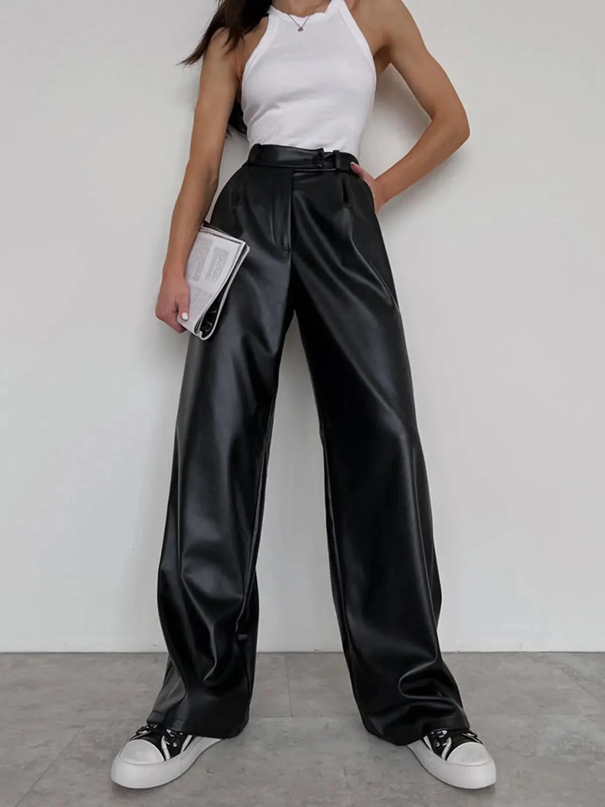MEWE | High-Rise Wide-Leg Trousers in Coated Faux Material