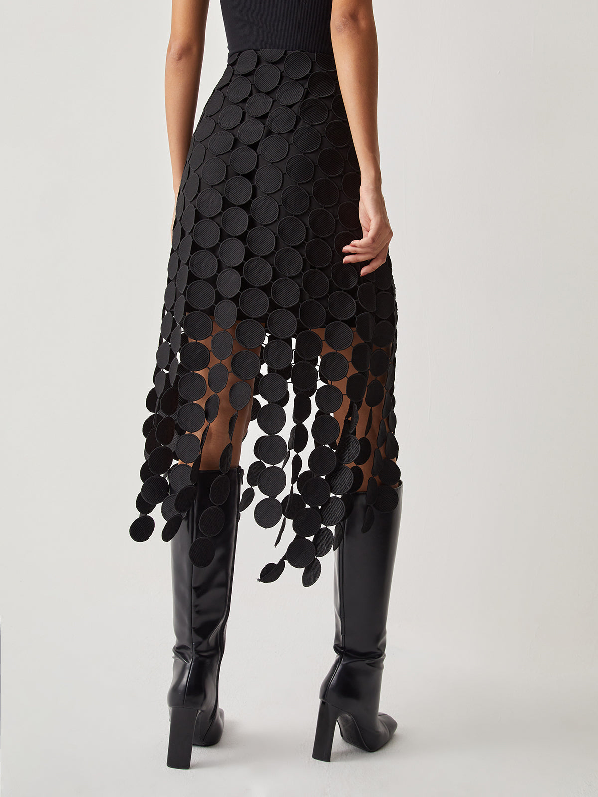 MEWE | High Waisted Laser Cut Midi Skirt with Circular Cutouts Mewe London