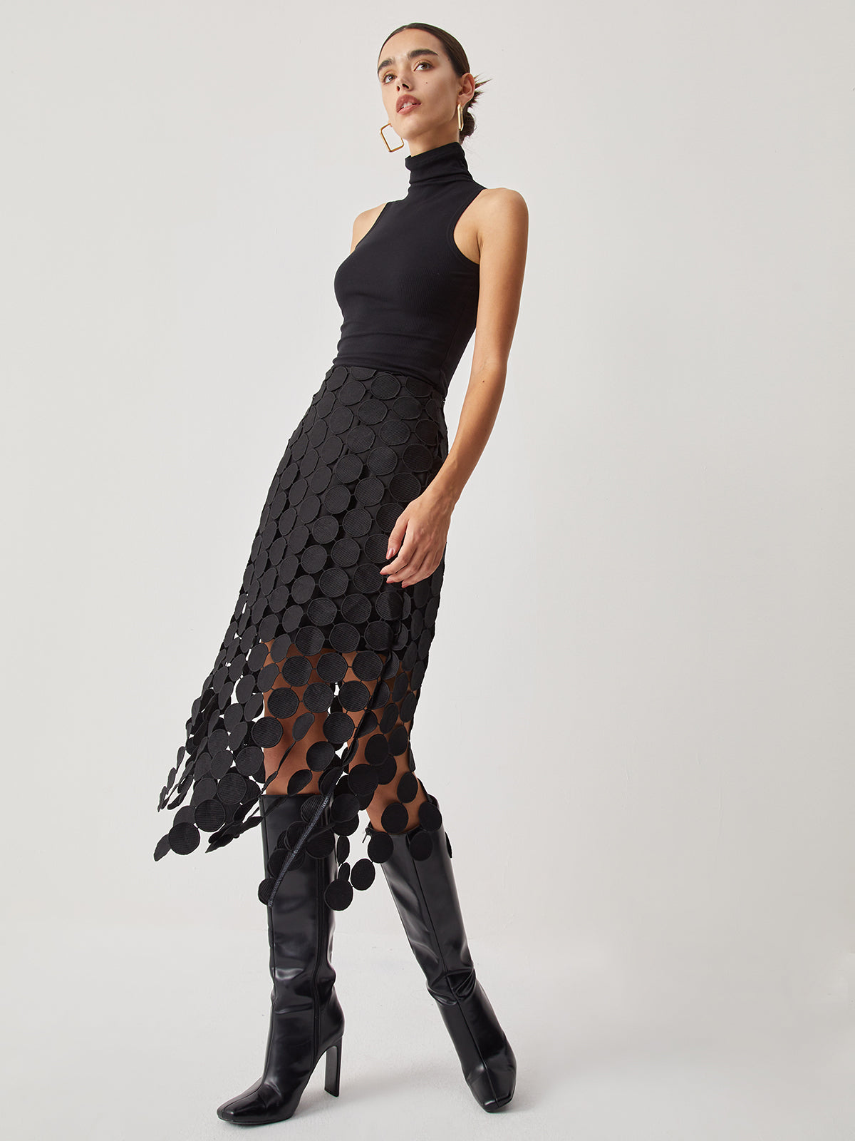 MEWE | High Waisted Laser Cut Midi Skirt with Circular Cutouts Mewe London