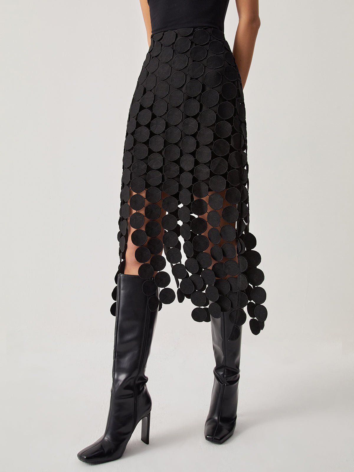 MEWE | High Waisted Laser Cut Midi Skirt with Circular Cutouts Mewe London