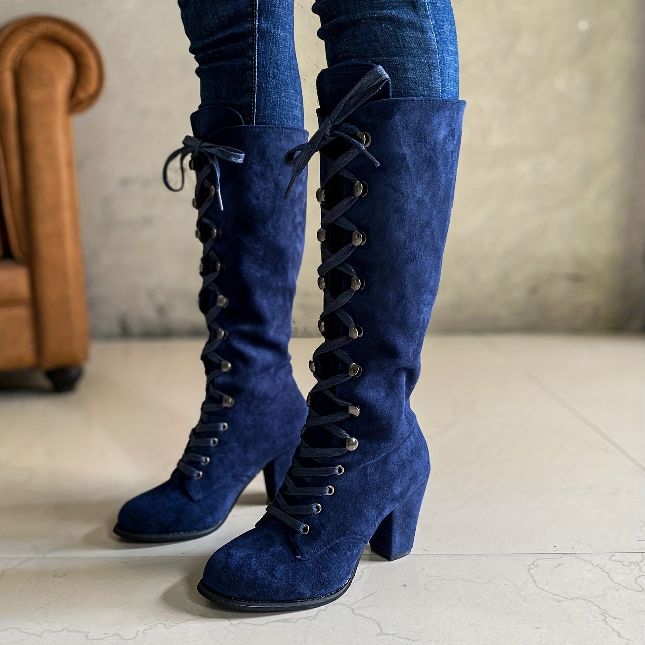 MEWE | Lace Up Knee High Boots with Block Heel Mewe London
