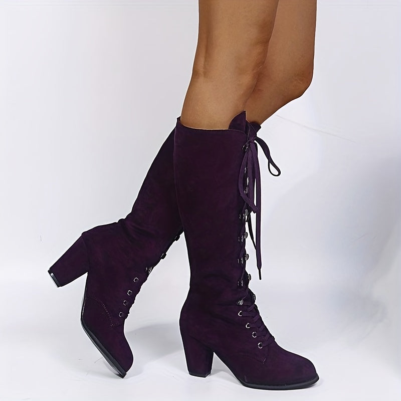 MEWE | Lace Up Knee High Boots with Block Heel Mewe London