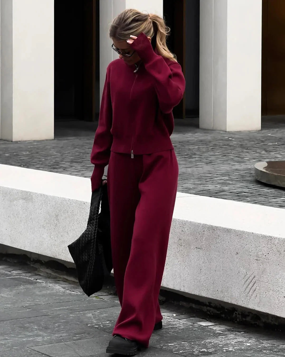 MEWE | Knitted Zip Jacket and Wide-Leg Trousers Set with Stand Collar