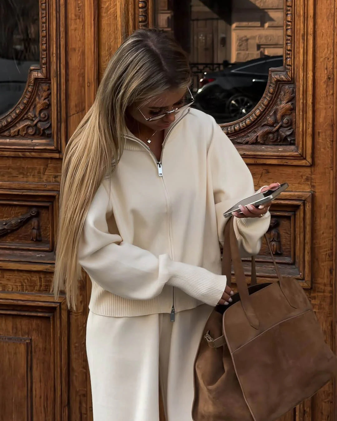 MEWE | Knitted Zip Jacket and Wide-Leg Trousers Set with Stand Collar