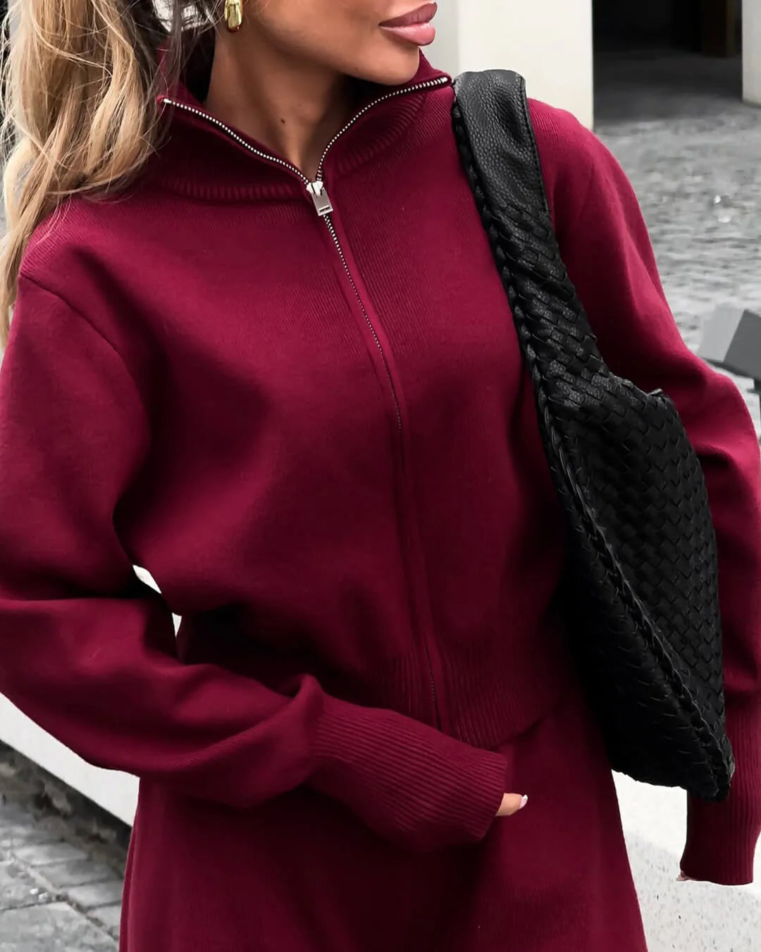 MEWE | Knitted Zip Jacket and Wide-Leg Trousers Set with Stand Collar