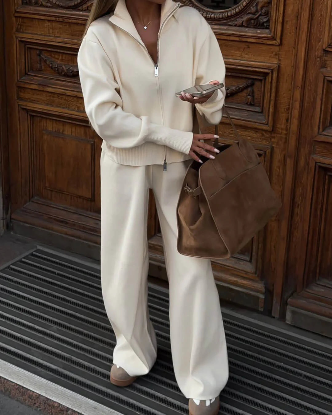 MEWE | Knitted Zip Jacket and Wide-Leg Trousers Set with Stand Collar