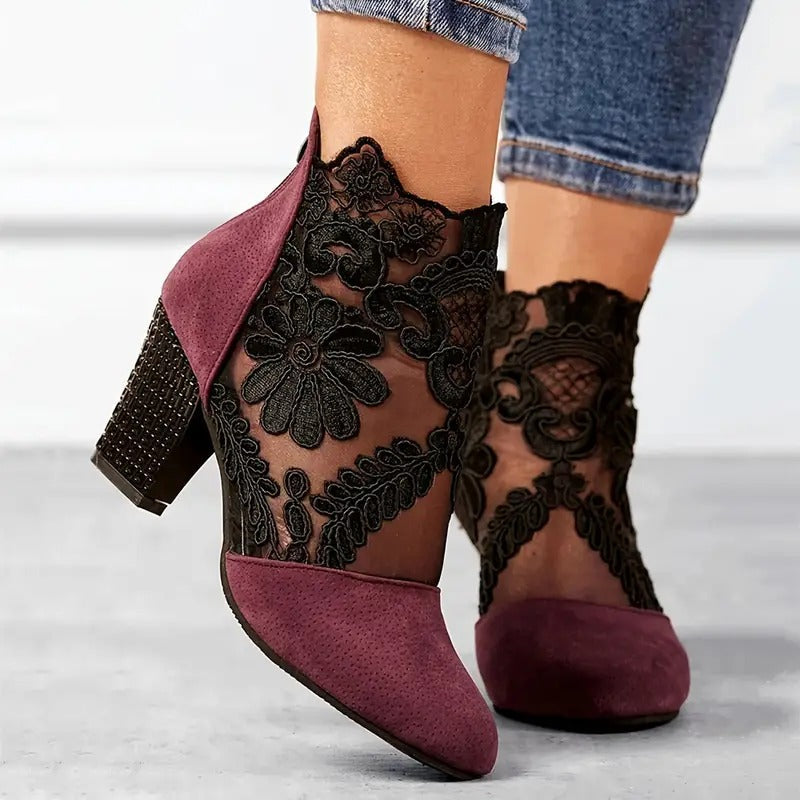MEWE | Lace Panel Block Heel Pumps with Floral Detail Mewe London