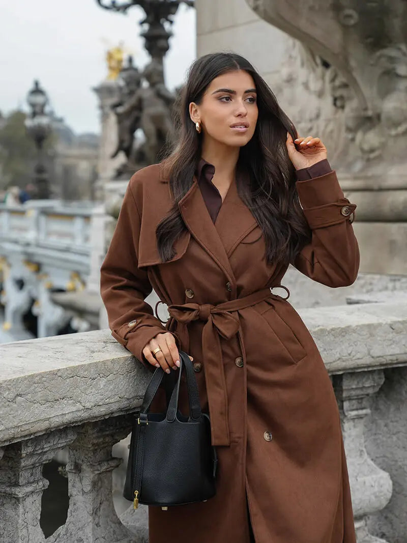 MEWE | Long Faux Suede Trench Coat with Belt and Overlap Front Mewe London