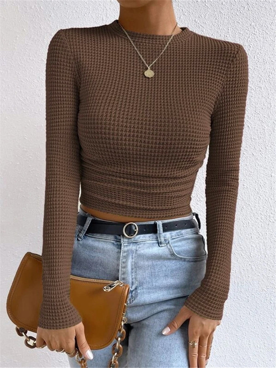 MEWE | Long Sleeve Waffle Knit Crop Top with Crew Neck Mewe London
