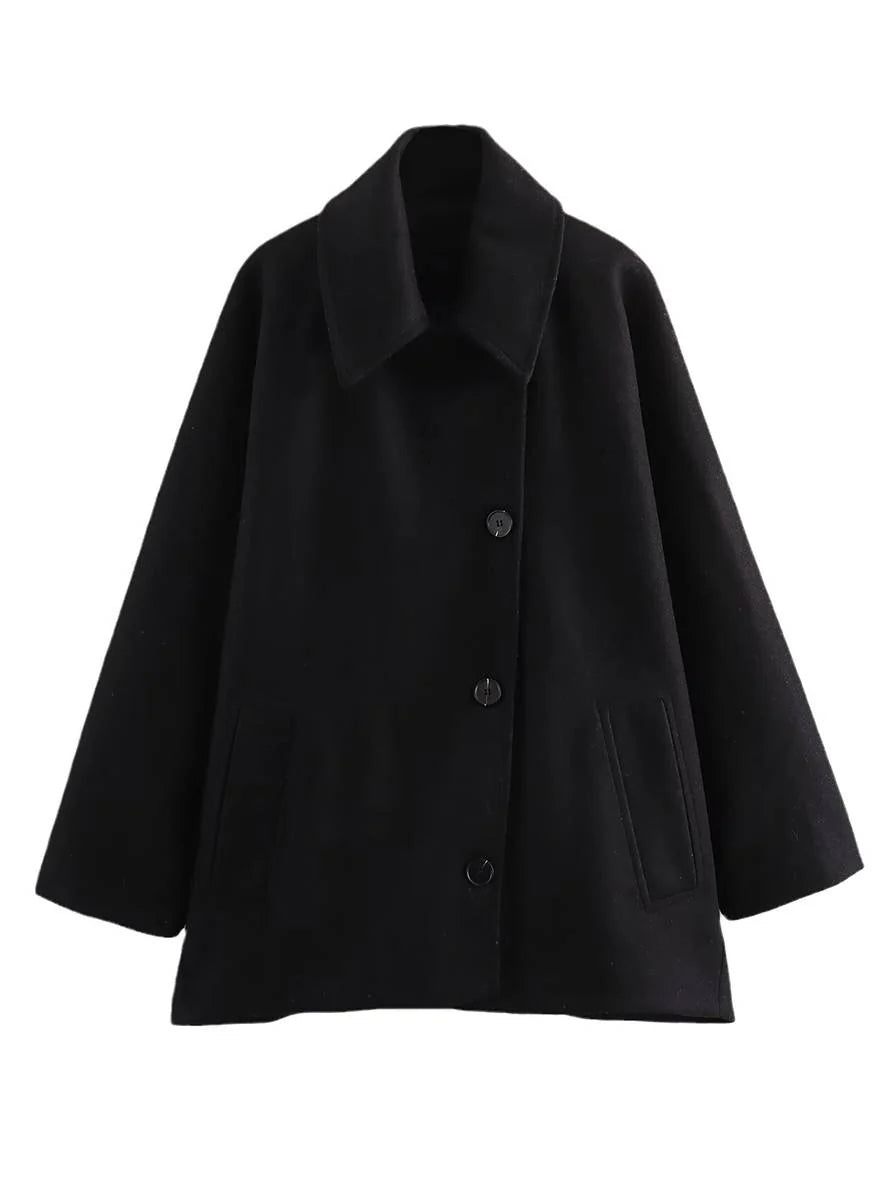 MEWE | Mid-Length Wool Blend Coat with Lapel Collar and Batwing Sleeves