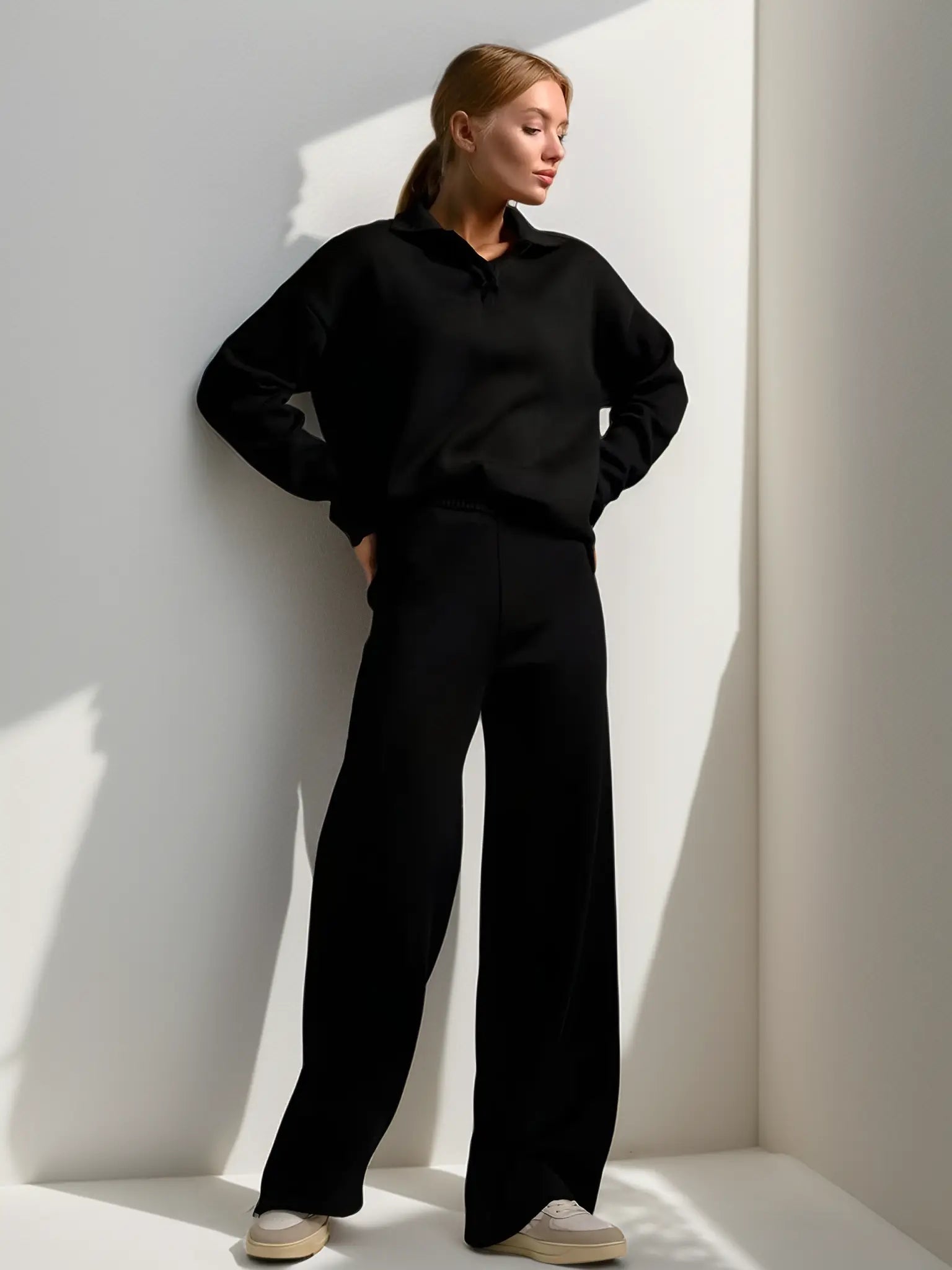 MEWE | Minimalist Lounge Set with Open Collar Top and Wide Leg Pants Mewe London