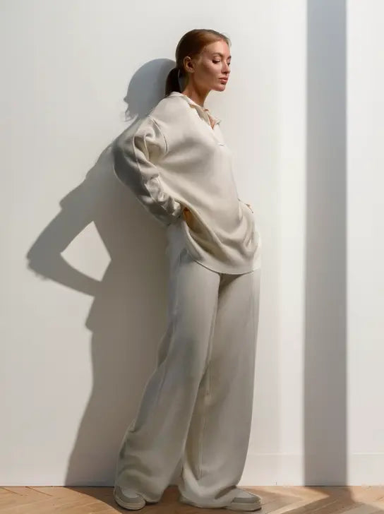 MEWE | Minimalist Lounge Set with Open Collar Top and Wide Leg Pants Mewe London
