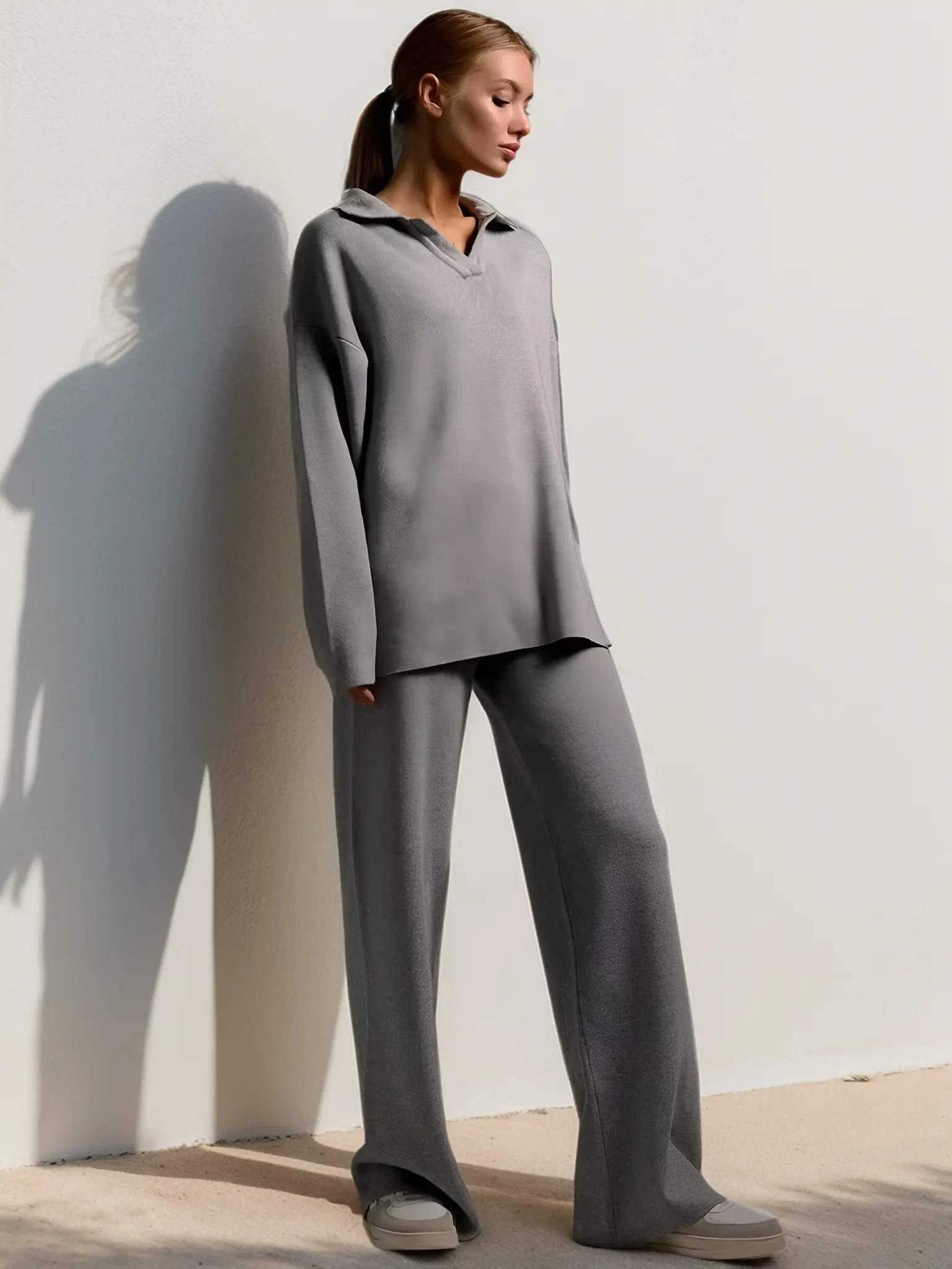 MEWE | Minimalist Lounge Set with Open Collar Top and Wide Leg Pants Mewe London