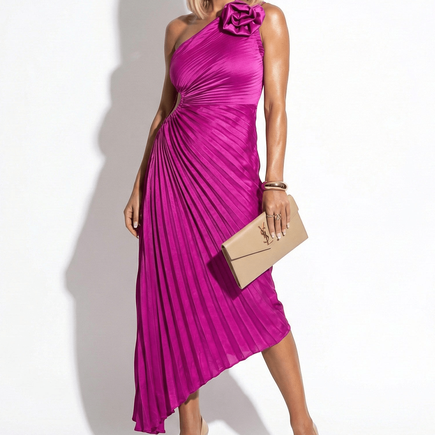 MEWE | One Shoulder Midi Dress with Pleated Skirt and Rosette Accent Mewe London
