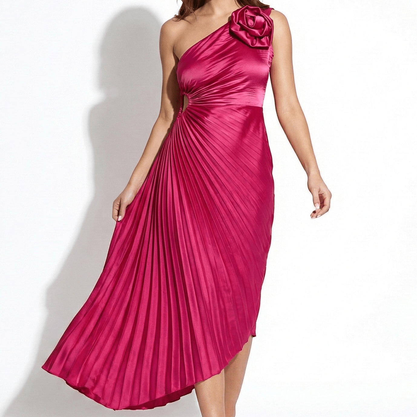 MEWE | One Shoulder Midi Dress with Pleated Skirt and Rosette Accent Mewe London