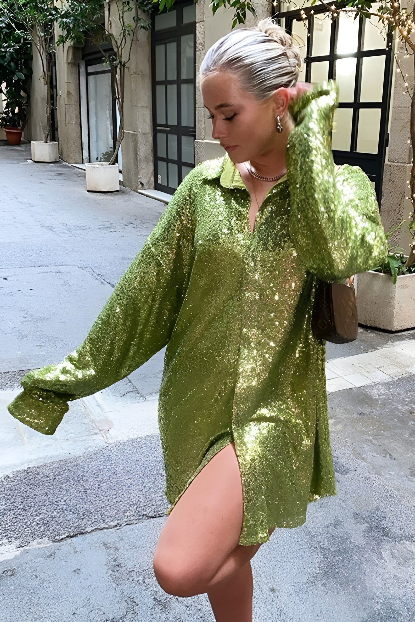 MEWE | Oversized Sequin Shirt Dress with Button-Front Closure Mewe London