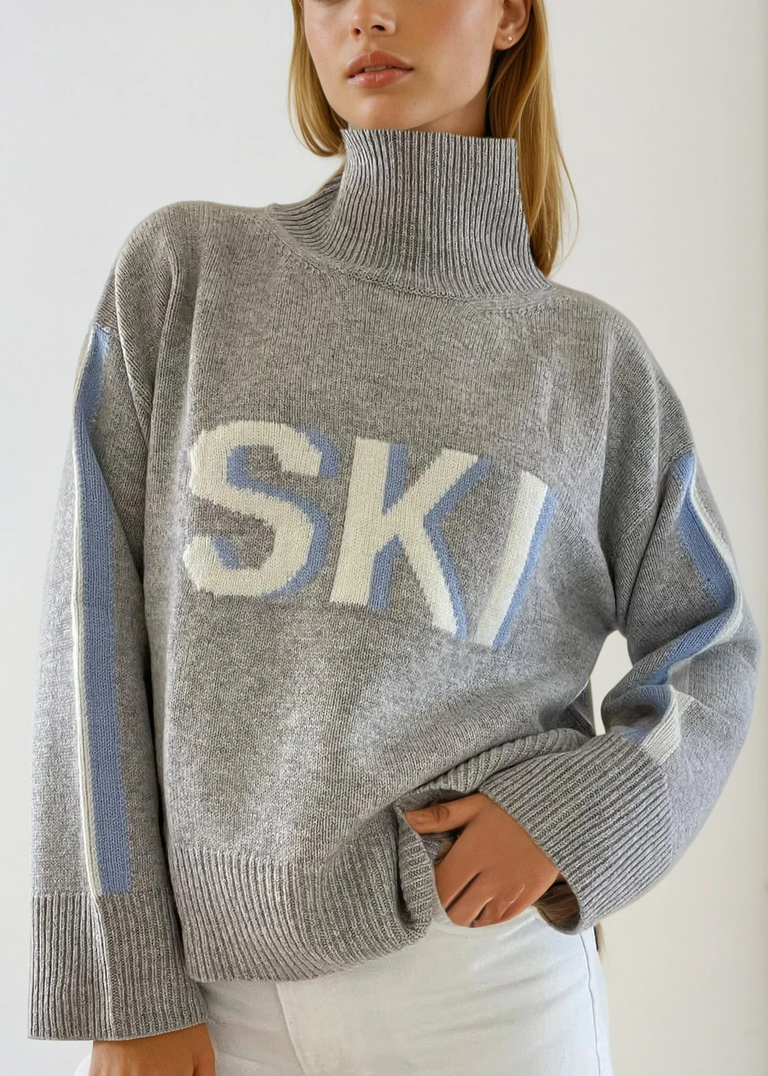 MEWE | Oversized Turtleneck Ski Jumper with Intarsia Graphic and Stripe Sleeves Mewe London