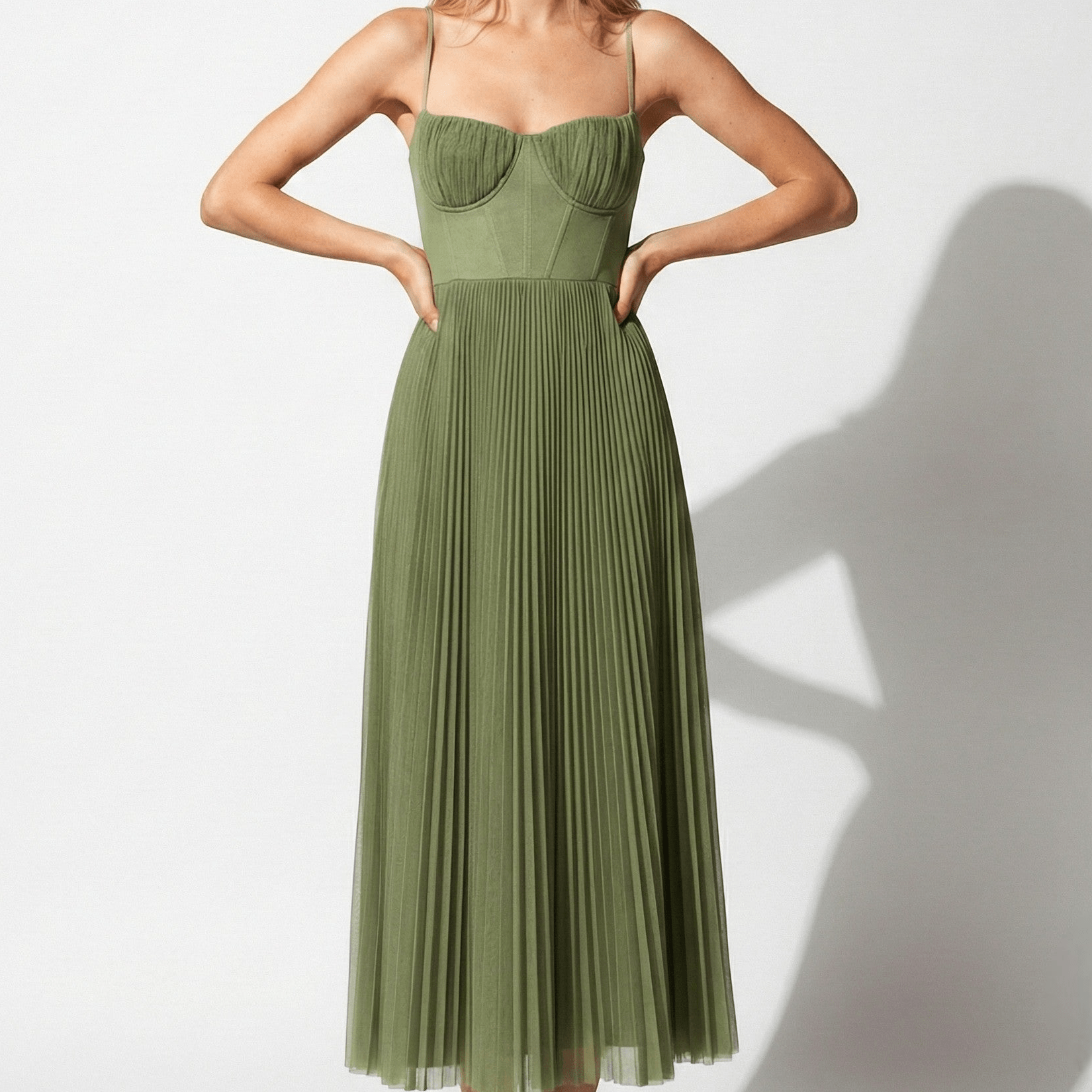 MEWE | Pleated Corset Midi Dress with Spaghetti Straps Mewe London